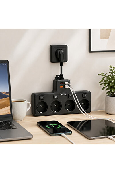 Buldug 3500W 7in1 Anahtarlı Çoklayıcı Priz – 4 Priz + 2 USB + Type-C – Alev K...