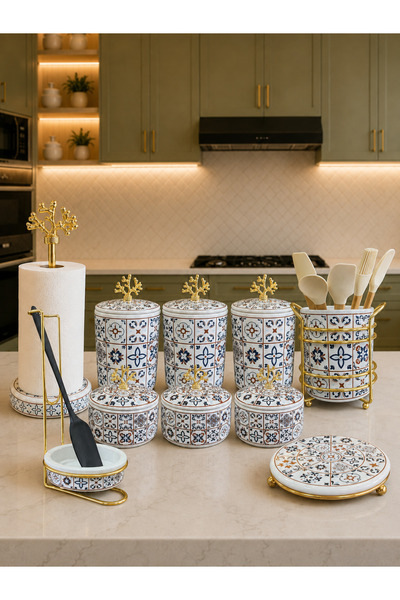 ferayhome Kitchen Set - Dowry Set 105 Flat Lid 10 Pieces Ceramic Pattern Gold