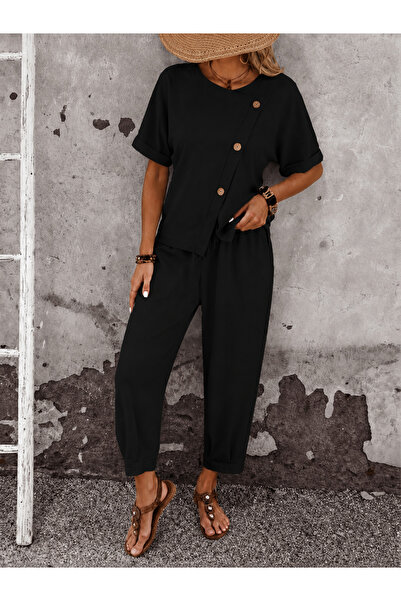 JANES Women's Short Sleeve Double Breasted Collar Front Asymmetrical Cut Deta...