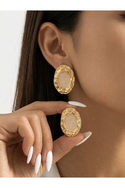 EKİDORA Oval Mineli 2-Piece Women's Earrings Gold Plated Silvery Combination ...