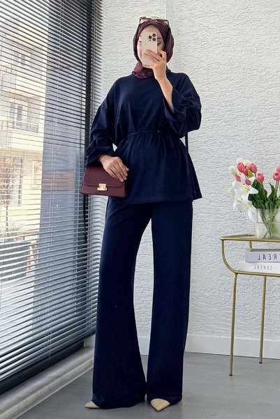 MELEK ARAZ Premium Drawstring Detailed Double Face Trouser Set - Navy Blue
