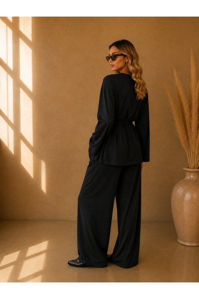 LAMİFUSTORE Women's Lace-Up Waist Casual Blouse and Wide-Leg Pants Two-Piece Set (Comfortable Fit)
