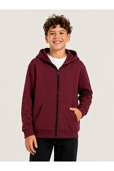 KİDSPİTİRCİK UNISEX ÇOCUK BORDO RENGİ %100 PAMUK 3 İPLİKŞARDONSUZ HIRKA (4-ME...