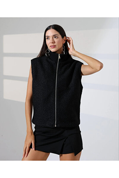 bysoca Women's Black Knitwear Collar Detailed Zipper Closure Lined Boucle Ves...