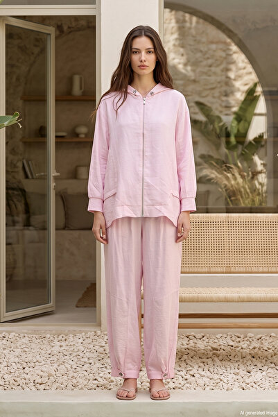 Lale Butik Tuniğin Front Zipper Detailed Hooded Pantsuit 2291 Pink