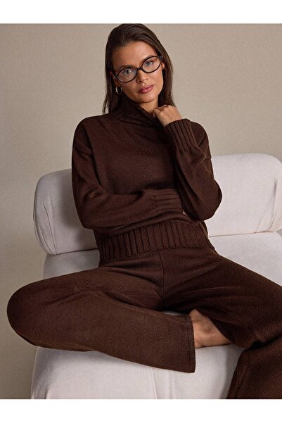 S.ÇLK Women's Brown Turtleneck Oversize Knitwear Sweater Elastic Waist Pants ...