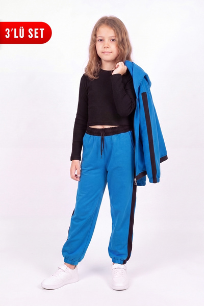 FYK KİDS Girl's Ribbed Crop and Stripe Detailed Tracksuit Set