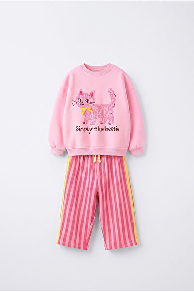 Magu Kız Çocuk Kedi Baskılı Pembe Sweatshirt ve Çizgili Bol Paça Eşofman Takımı