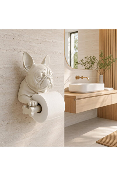 Fransız Bulldog Heykelcikli Tuvalet Kağıtlığı | Duvar Tipi Modern Banyo Dekorasyonu