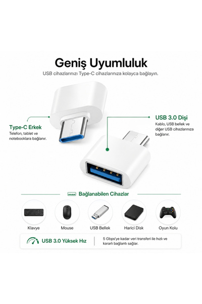 Alfais 4311b Type C Usb 3.1 to Usb 3.0 Beyaz Şarj Data Çevirici Dönüştürücü Adaptör