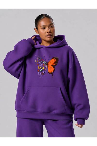 BENROMA 3 Yarn Combed Cotton Plus Size Flying Butterflies Printed Unisex Swea...