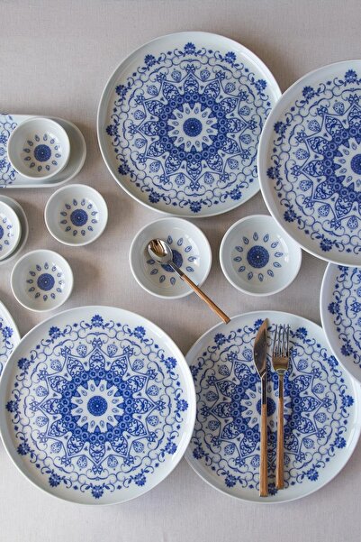 Rani Mobilya Rani Home Kahvaltı Takımı (14 Parça) Beyaz - Mavi JA-6928