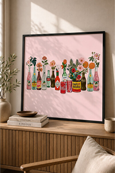 Pegziz Tablou decorativ înrămat cu sticle florale vintage și tematică Coca Co...