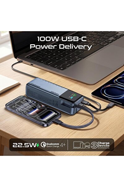 Promate 20000mAh 130W HyperCharge Power Bank Built-in Braided USB-C Cable, TFT Smart Di,Promate Titan-130Pro