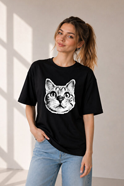 FANA Cat Printed Funny Unisex Oversize Cotton T-Shirt Y2K Vintage Graphic Cre...