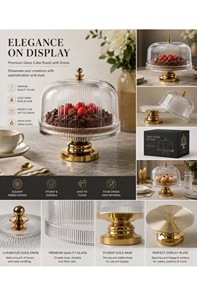 SOLETER Luxury Acrylic Cake Serving Dish with Lid Gold 35cm - Large Round Tra...