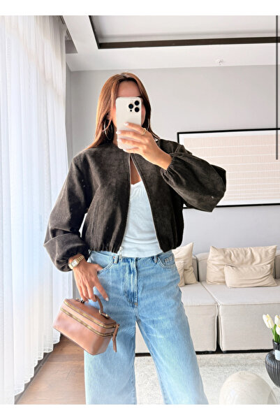 FEMMESTUDIO Women's Brown Zippered Bomber Jacket