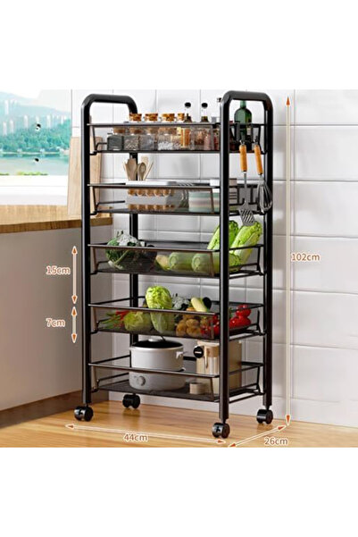 Fikpoo 5-Tier Narrow Mesh Metal Storage Cart with 4 Hooks And Lockable Swivel...