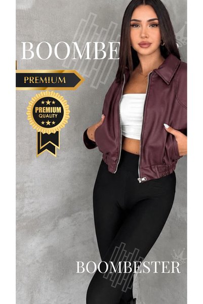 BoomBester Palton scurt din piele artificială pentru femei, cu fermoar, guler tip cămașă, talie elastică