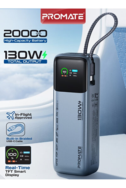 Promate بنك طاقة بسعة 20000 مللي أمبير، 130 واط مع كابل USB-C مدمج، منفذ شحن ...