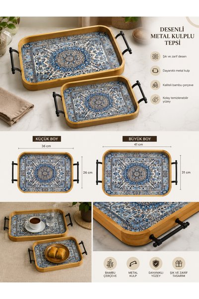 Kifnexwood Kif Nex Wood 2-Piece Decorative Wooden Tray with Patterned Metal Handles – Authentic Design