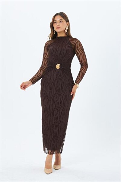 Neşeli Butik Women's Brown Transparent Detailed Glitter Midi Length Stylish D...