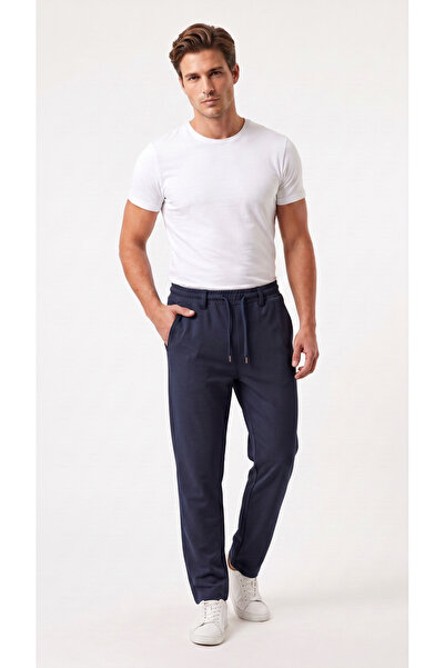 BADESSA Men's Navy Blue Trousers Regular Fit Lycra Casual Jogger with Lace-Up...