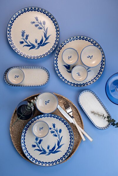 Rani Mobilya Rani Home Kahvaltı Takımı (14 Parça) Krem - Mavi JA-6871