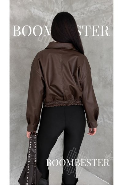 BoomBester Palton scurt din piele artificială pentru femei, cu fermoar, guler tip cămașă, talie elastică