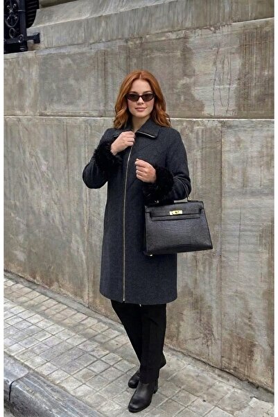 onno style women Fur-Collared Steel Knitted Tricot Women's Coat