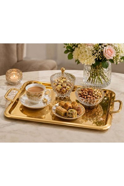 SOLETER Large Iron Serving Tray Gold - Rectangular Metal Tray with Dual Handl...