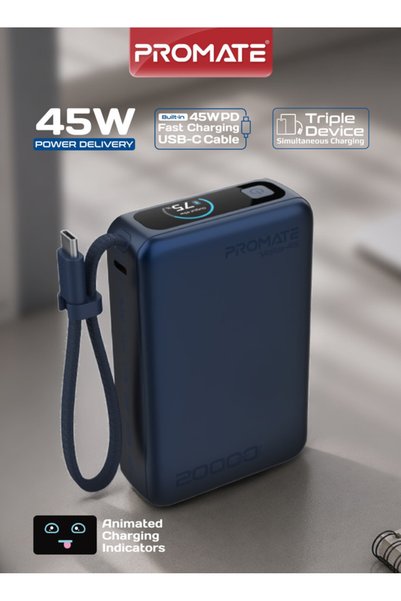 Promate 45W PD Power Bank 20000mAh with Built-In USB-C Cable, Smart Battery H...