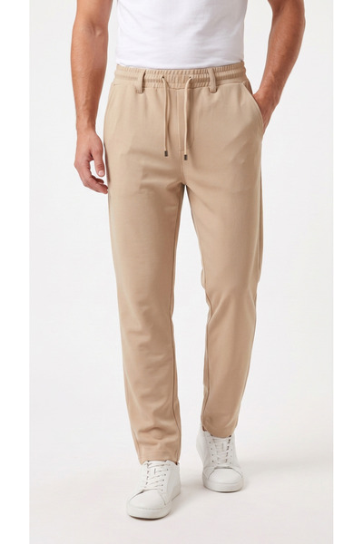 BADESSA Men's Beige Trousers Regular Fit Lycra Casual Jogger with Lace-Up Waist and Elastic Belt Suitable for Daily Use