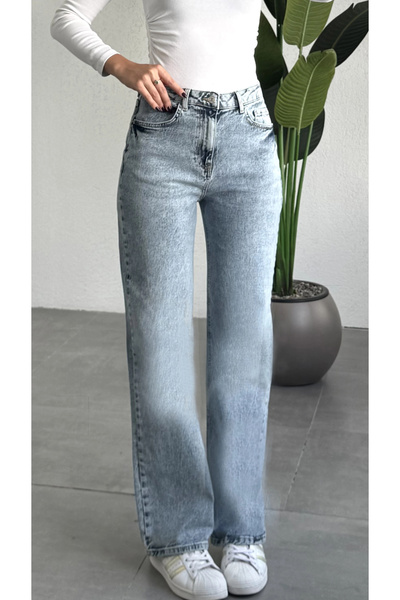 asfamoda Women's Light Blue High Waist Wide Leg Straight Cut Denim Trousers L...