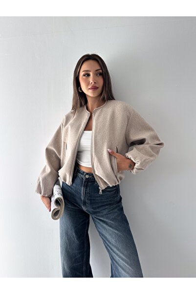 vesantia Women's Cashmere Oversize Zippered Crop Bomber Jacket