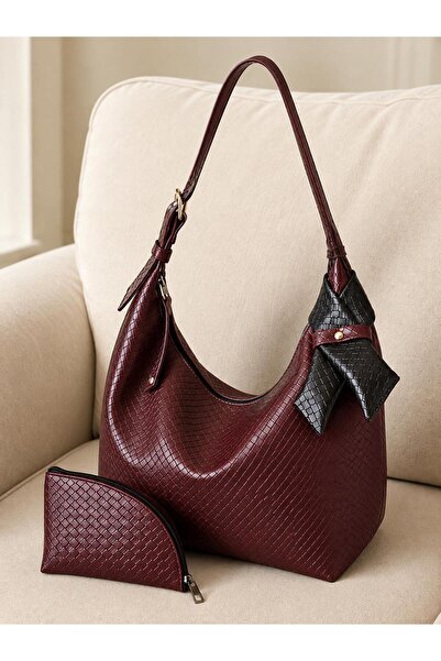 Katusa Women's Burgundy Basket-Patterned Bow-Decorated Wallet Shoulder Bag