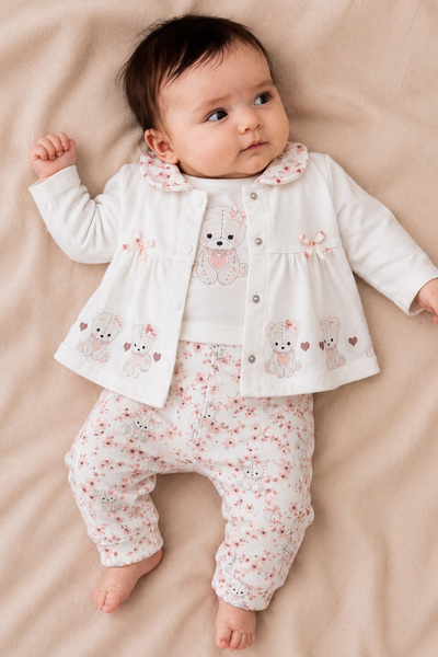Rocha Baby Baby Girl Teddy Bear Bow Detailed Floral Patterned 3-Piece Set (Ca...