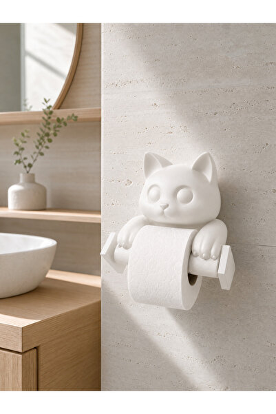 Minimalist Mat Siyah Kedi Heykelcikli Tuvalet Kağıtlığı | Modern Banyo Dekorasyonu ve Ev Hediyesi