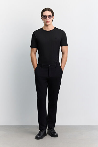 Avva Men's Black Side Elasticated Ribbed Elastane Slim Fit Trousers A62Y3080