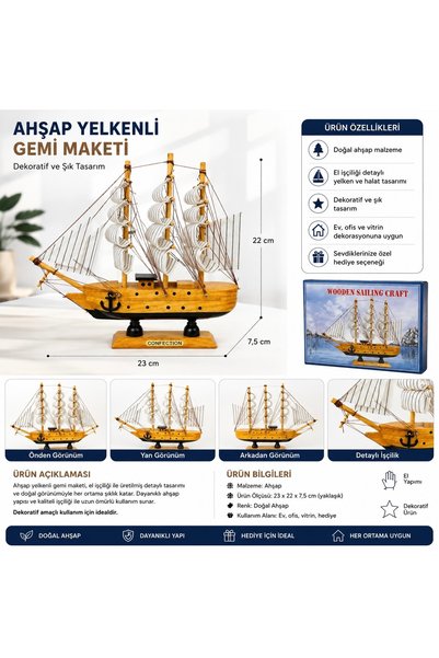 Ceylan Yolu Awm Dekoratif Ahşap Yelkenli Gemi Maketi 23 cm – Ev Ofis Vitrin D...
