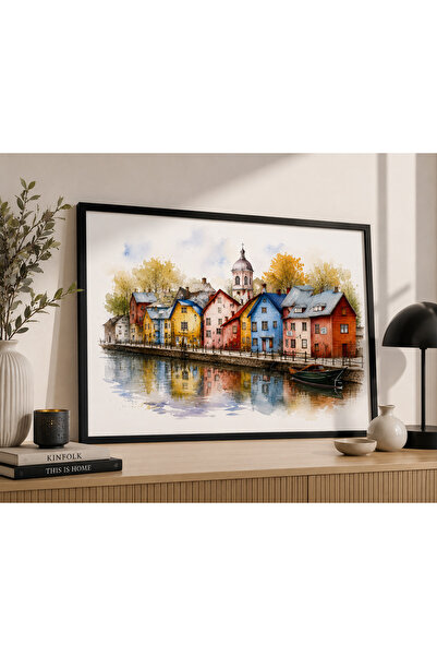 Pegziz Tablou decorativ cu case de la malul mării colorate și peisaj cu bărci...