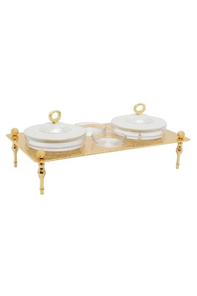 SOLETER Dates Serving Bowl Set with Lid – White & Gold – 2 Covered Glass Bowls with White Lids & Gold Ring Handles, 2 Small Glass Bowls & Rectangular Gold Tray with Decorative Legs