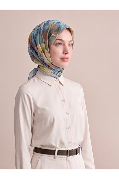 Ayshara Nevbahar Floral Point Patterned Double-Sided Scarf - Yellow Turquoise