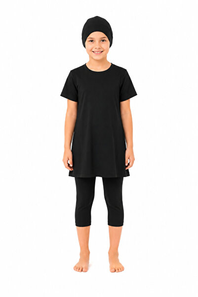 Fantasy Short Sleeve Girls' Hijab Swimsuit 3 Piece Black-3512
