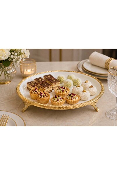 SOLETER Deluxe Round Melamine Serving Tray with Ornate Gold Metal Frame & Dec...