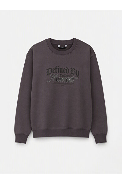 LC Waikiki Mürdüm Bisiklet Yaka Baskılı Kalın Sweatshirt