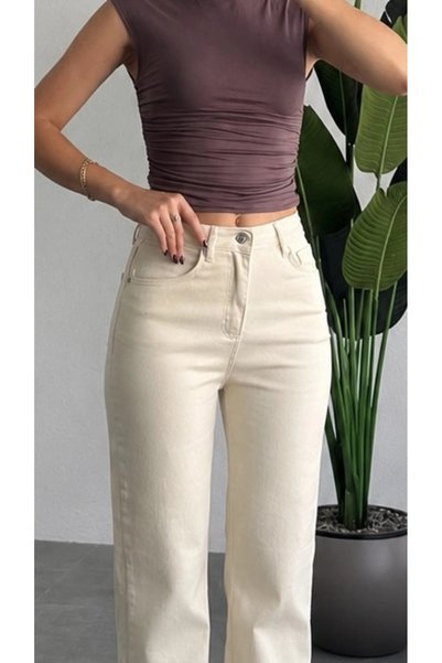 asfamoda Women's Cream High Waist Wide Leg Straight Cut Denim Trousers Loose Leg Jeans