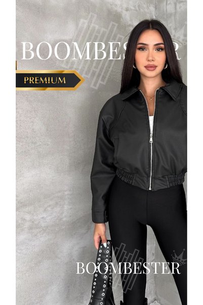 BoomBester Palton scurt din piele artificială pentru femei, cu fermoar, guler tip cămașă, talie elastică
