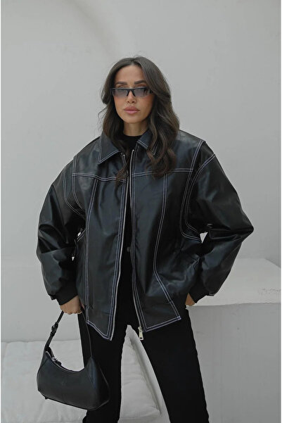 My Blog Black Leather Jacket with Stitching Detail - 1071