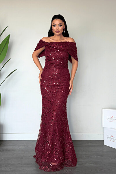 giyimmasalı Beaded Lace Fabric Boat Neck Evening Dress - Bordo